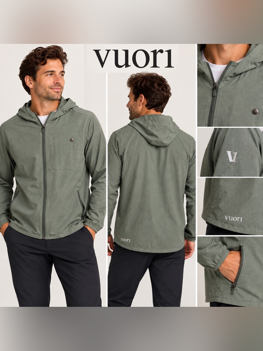 Vuori Men’s Medium Hooded Full Zip Lightweight Jacket Olive Green